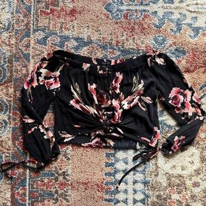 Kendall & Kylie Floral Off-Shoulder Black Top, Black and Floral, Size Small